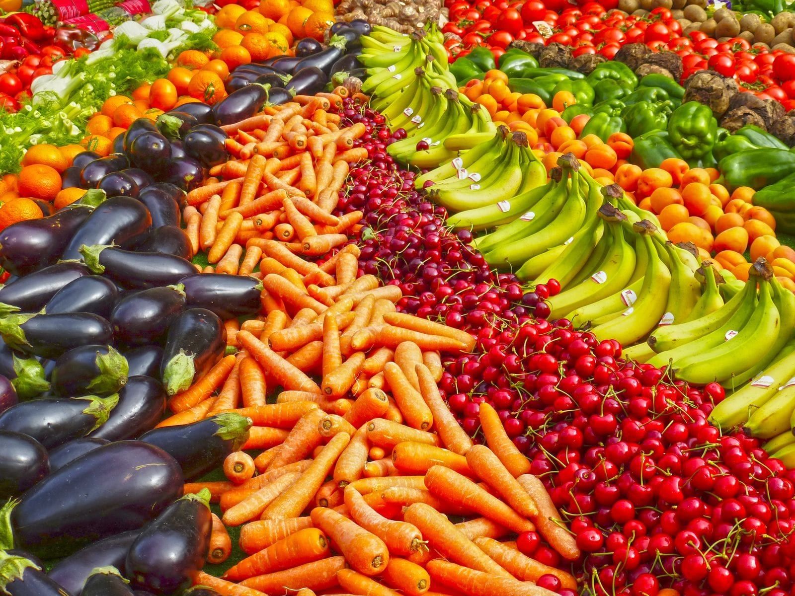 Rows of fresh fruit and vegetables