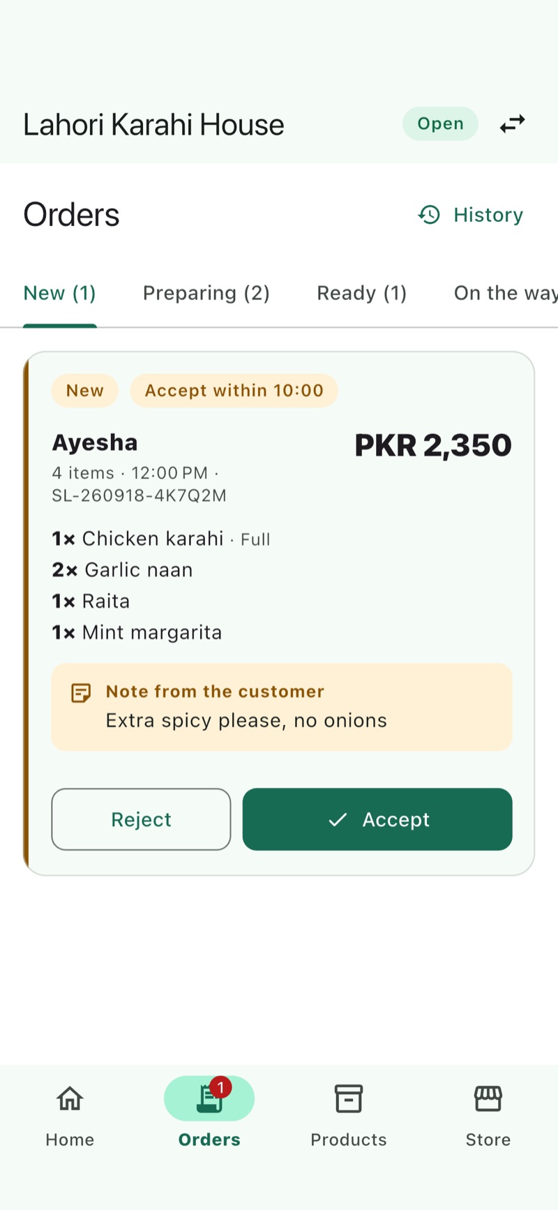 Orders screen in the SheenLink Store app